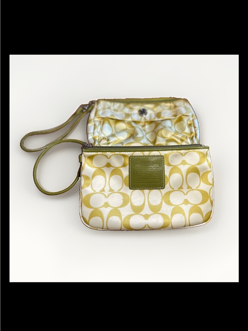 Coach Wristlet Duo, Signature Silken Fabric, Green Leather Trim, Vintage 2004